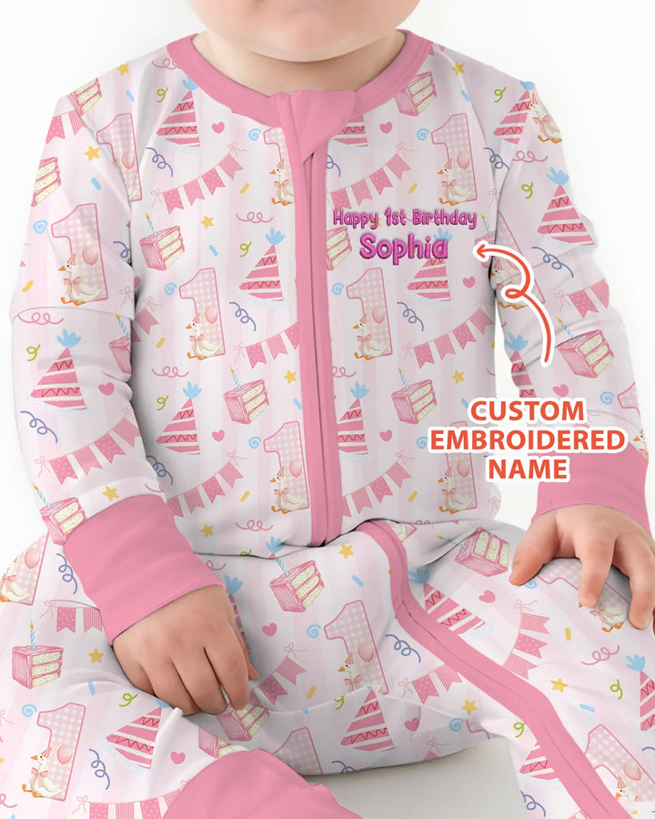 1st Birthday Girl Embroidered Baby Bamboo Convertible Zippy