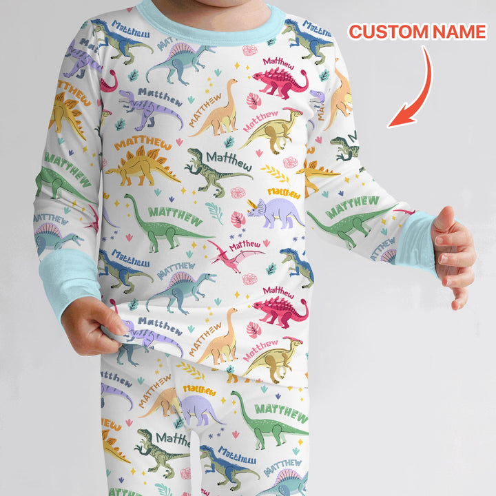 Dino Roar Custom Name Two Piece Long Sleeve Pajama Set