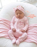 Personalized She's Here Embroidered Bamboo Zipper Footie