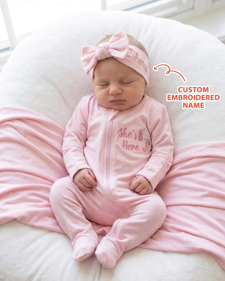 Personalized She's Here Embroidered Bamboo Headband