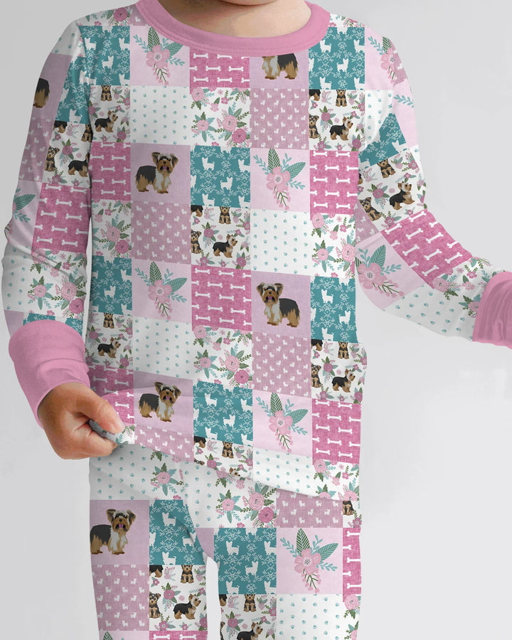 Floral Yorkie Grace Two Piece Long Sleeve Pajama Set