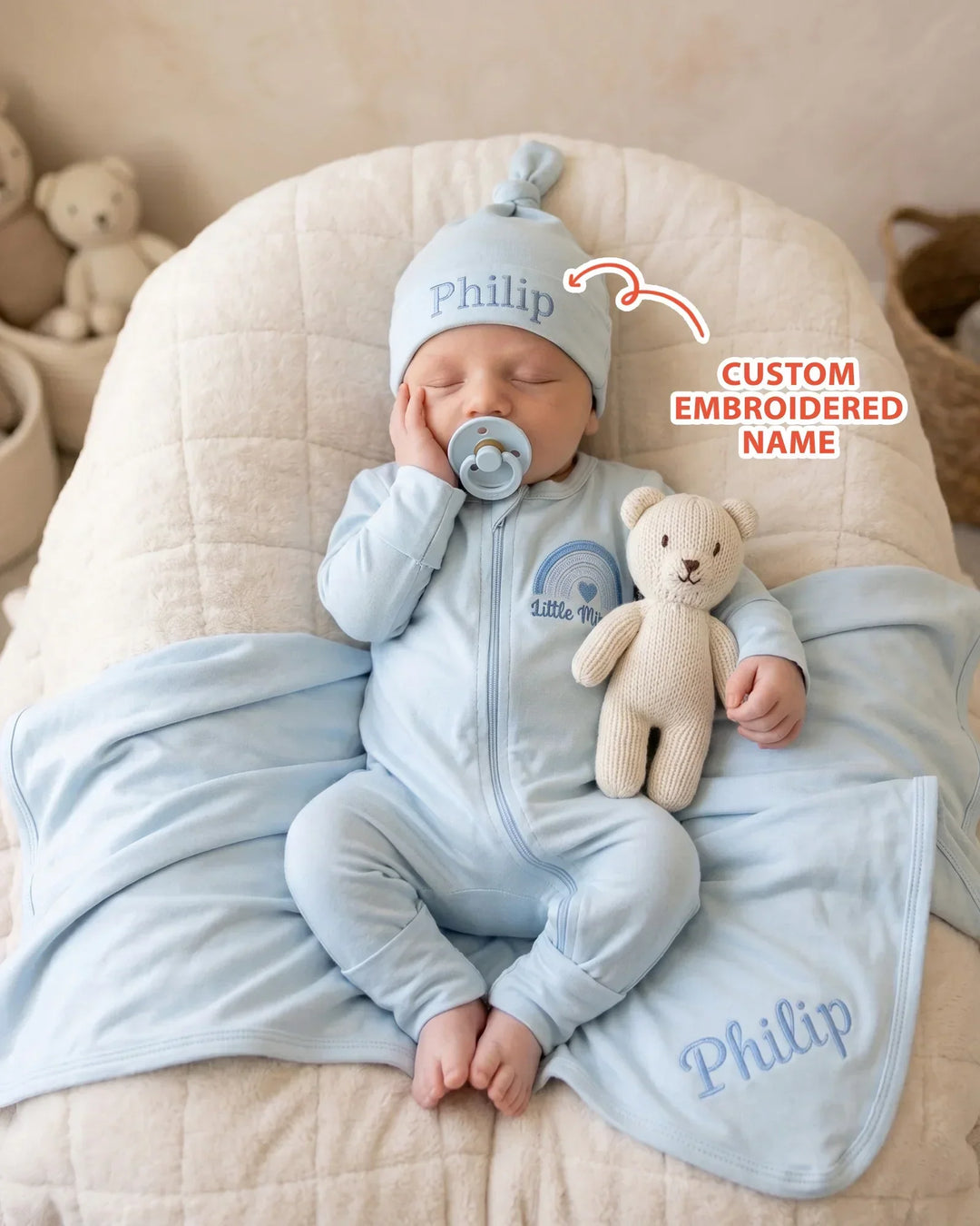 Personalized Little Miracle Blue Embroidered Bamboo Blanket