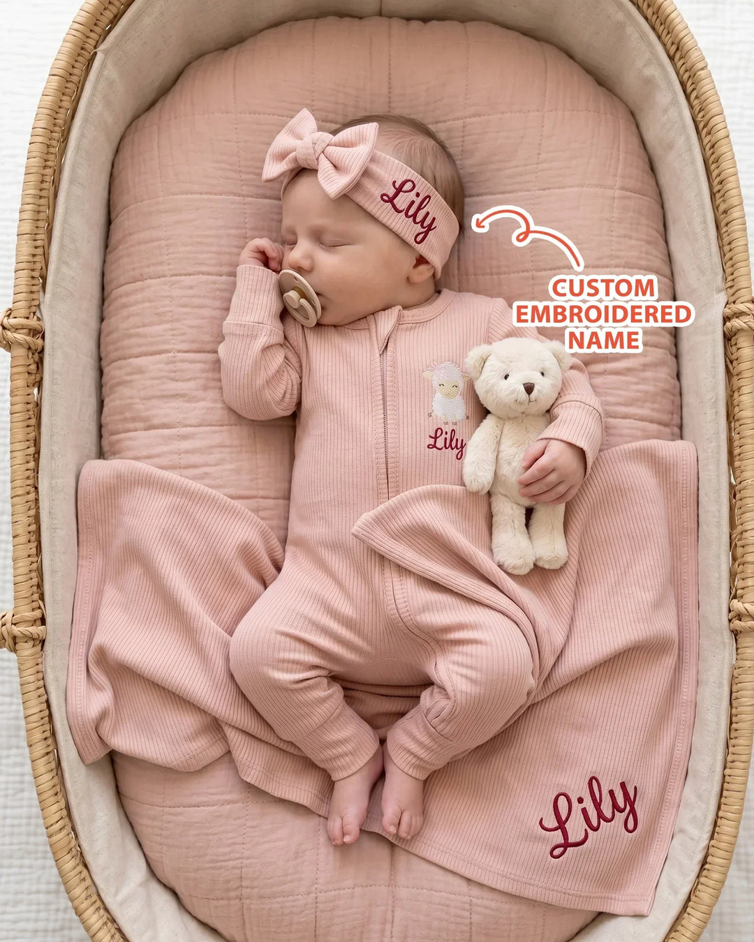 Personalized Baby Sheep Embroidered Ribbed Bamboo Blanket