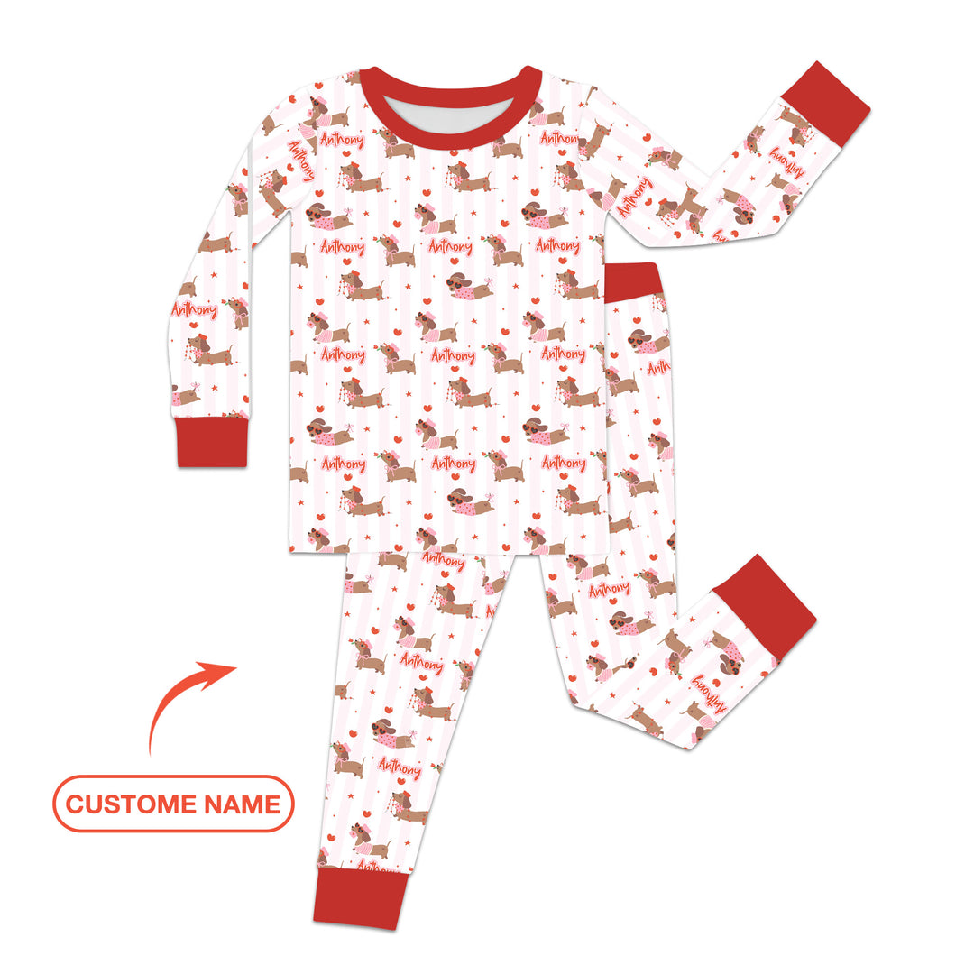 Custom Name Valentine Dachshund Family Matching Two Piece Long Sleeve Pajama Set