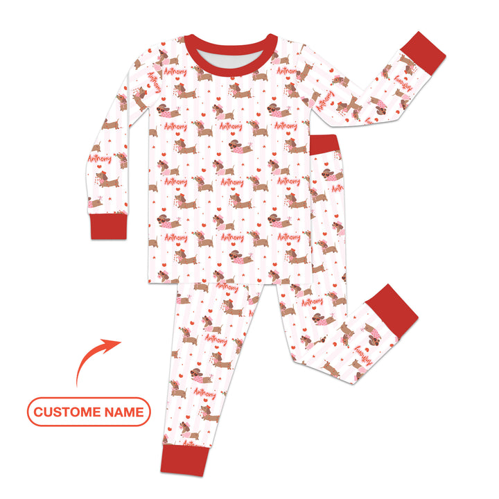 Custom Name Valentine Dachshund Family Matching Two Piece Long Sleeve Pajama Set