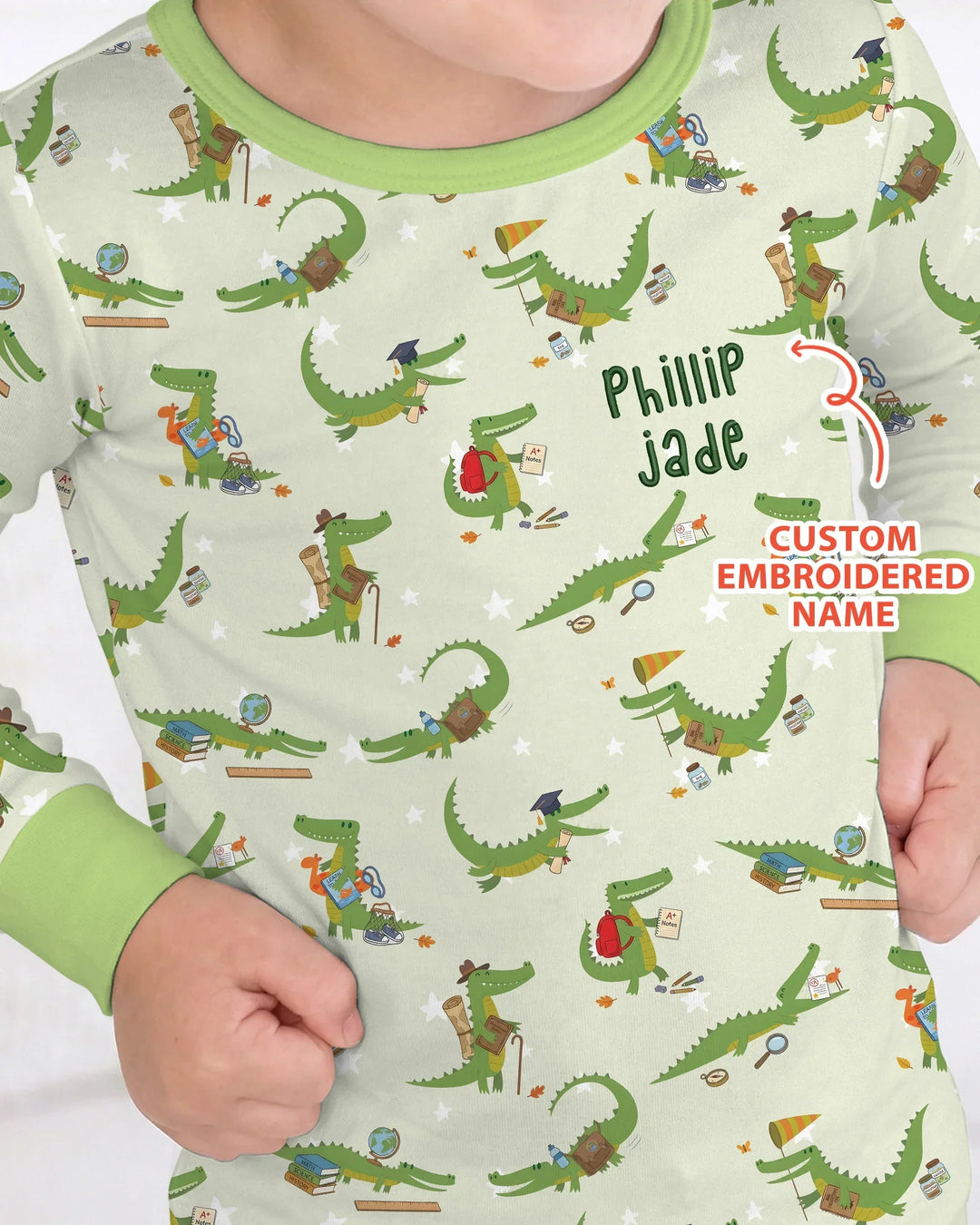 Pijama de dos piezas de bambú con caimán bordado y nombre personalizado de manga larga