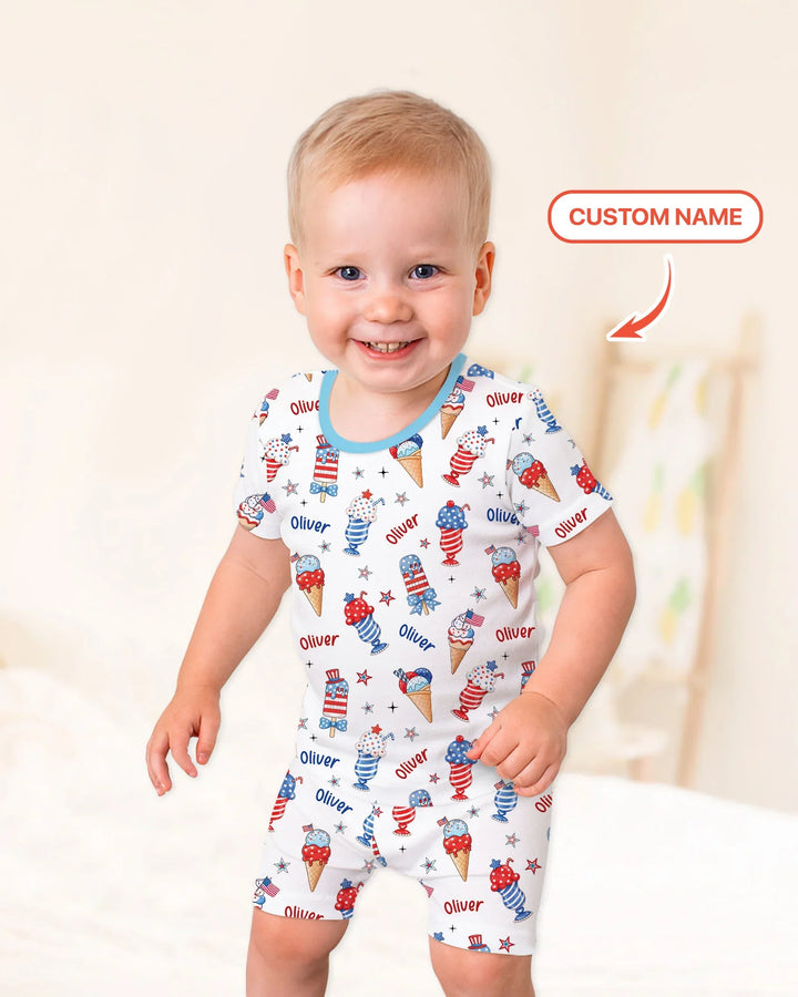 Custom Name Red, White & Ice Cream Bamboo Two Piece Short Sleeve Shorts Pajama Set