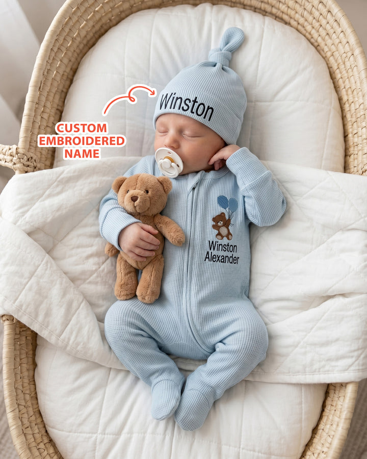 Personalized Dream Bear Embroidered Waffle Bamboo Welcome Home Bundle