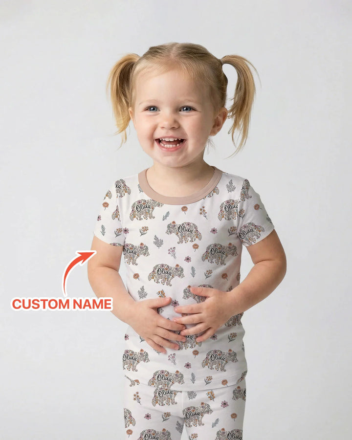Custom Name Floral Bear Family Matching Bamboo Two Piece Short Sleeve Pajama Set