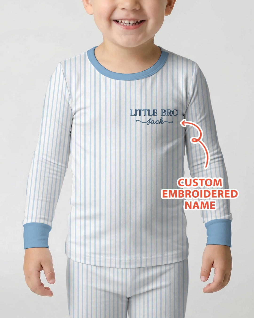 Conjunto de pijama de dos piezas de bambú de manga larga para hermanito con nombre bordado personalizado