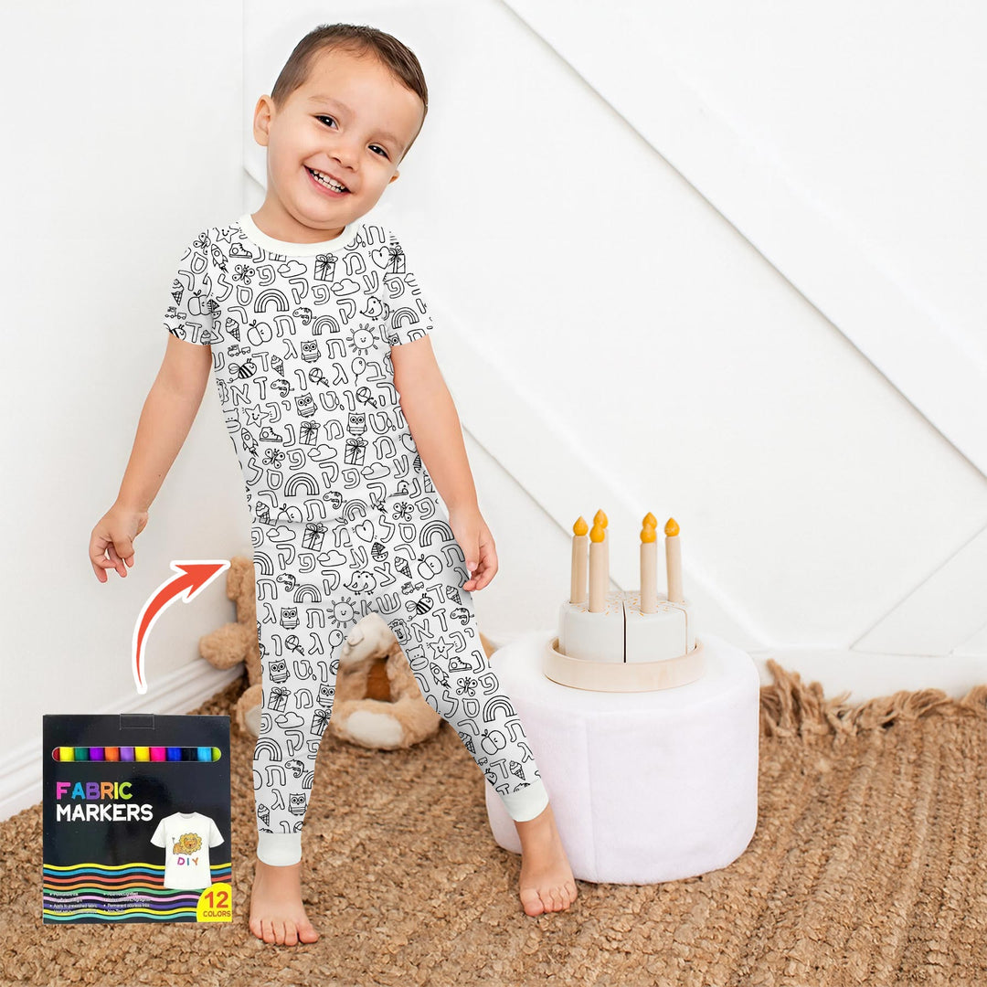 Hebrew Alphabet Colorable Two Piece Short Sleeve Pajama Set