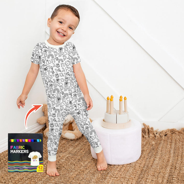 Hebrew Alphabet Colorable Two Piece Short Sleeve Pajama Set