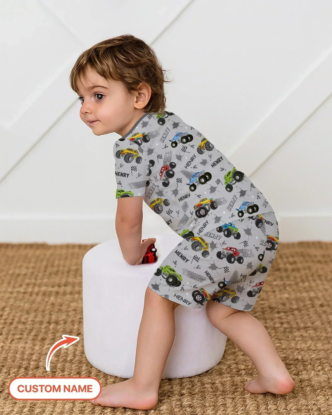 Monster Truck Dirt Jam Custom Name Daddy & Me Matching Two Piece Short Sleeve Shorts Pajama Set