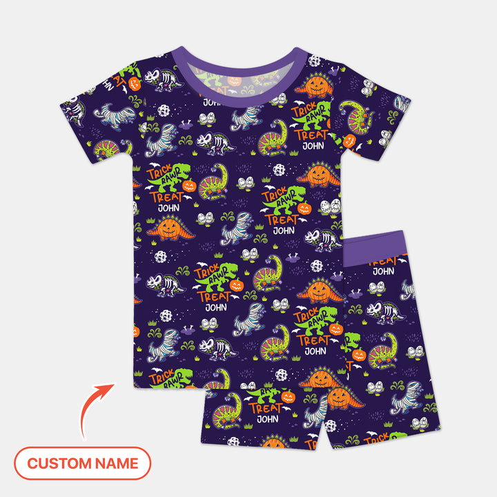 Trick Rawr Treat Custom Name Two Piece Short Sleeve Shorts Pajama Set