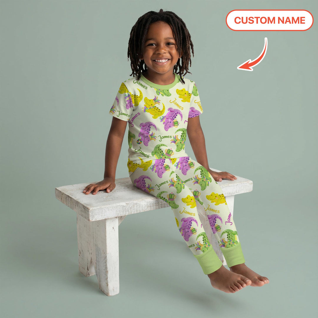 Custom Name Mardi Gras Alligator Two Piece Short Sleeve Pajama Set