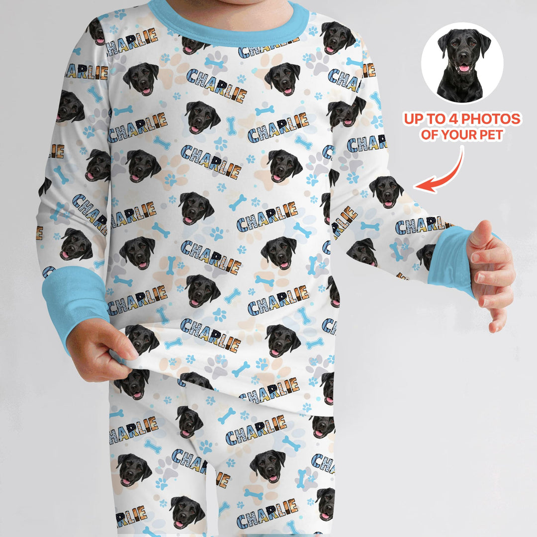 Custom Name Doodle Letters Blue Dog Two Piece Long Sleeve Pajama Set