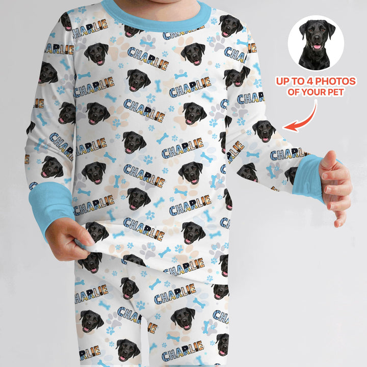 Custom Name Doodle Letters Blue Dog Two Piece Long Sleeve Pajama Set