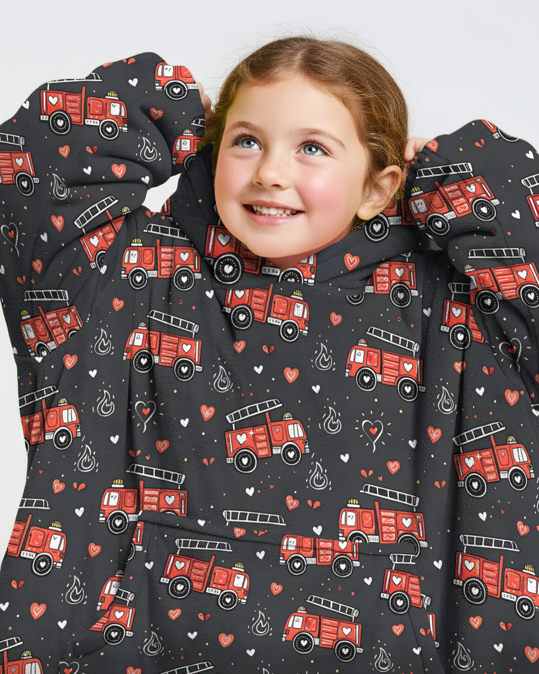 Valentine Fire Trucks Wearable Blanket Hoodie