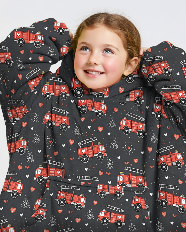 Valentine Fire Trucks Wearable Blanket Hoodie