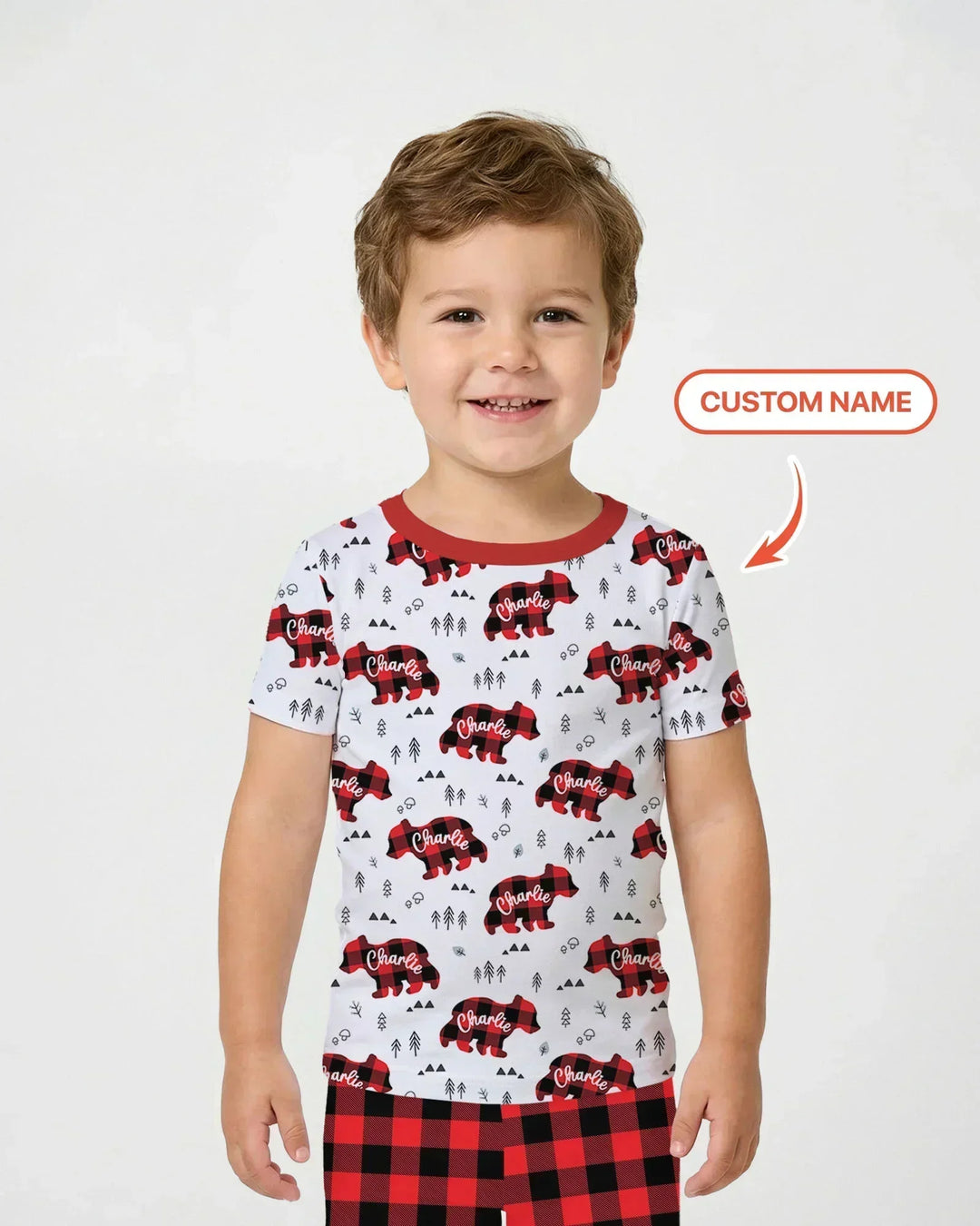 Pijama de dos piezas de bambú de manga corta a juego con osos de familia con nombre personalizado