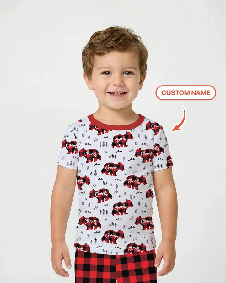 Pijama de dos piezas de bambú de manga corta a juego con osos de familia con nombre personalizado