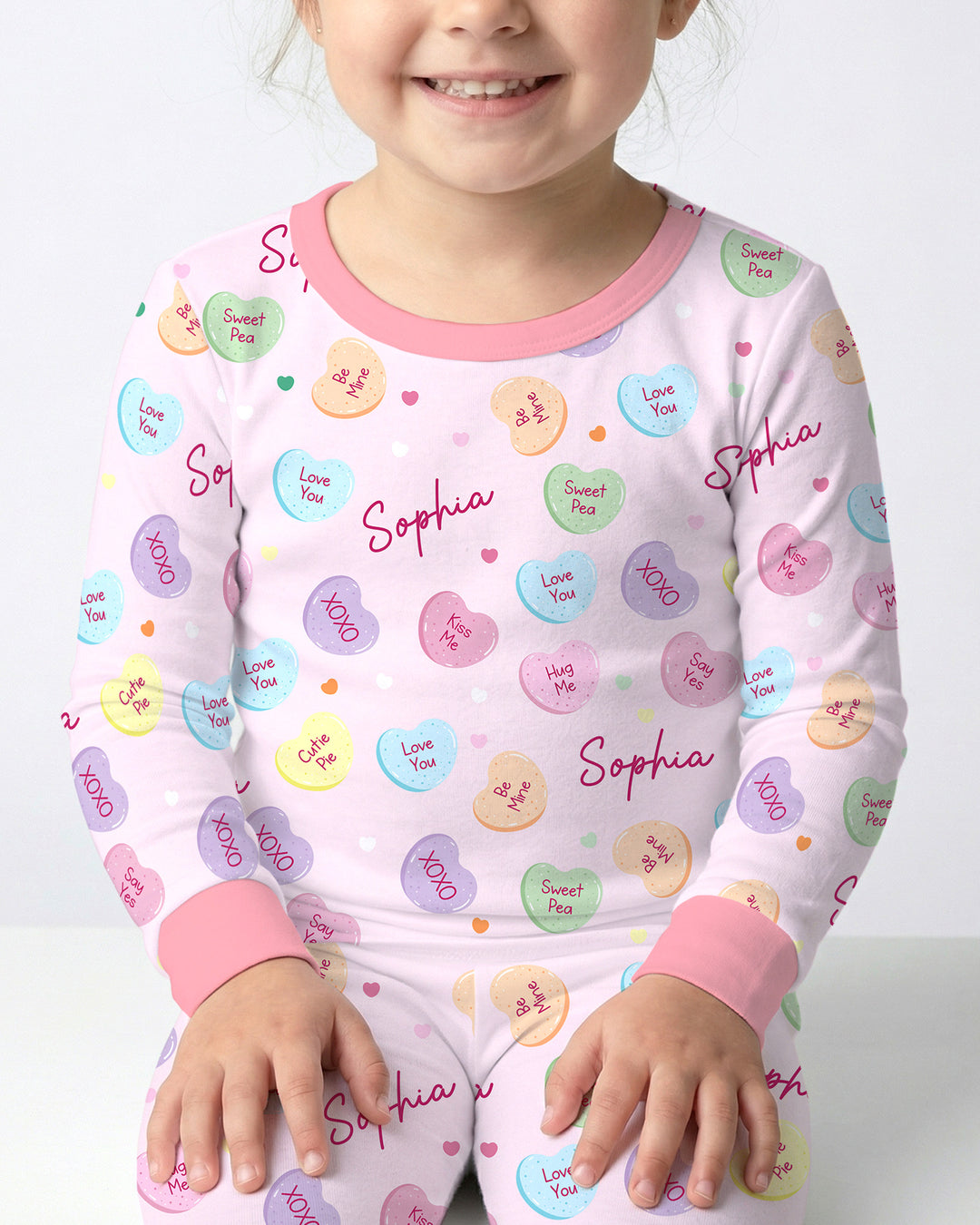 Custom Name Colorful Candy Hearts Family Matching Two Piece Long Sleeve Pajama Set