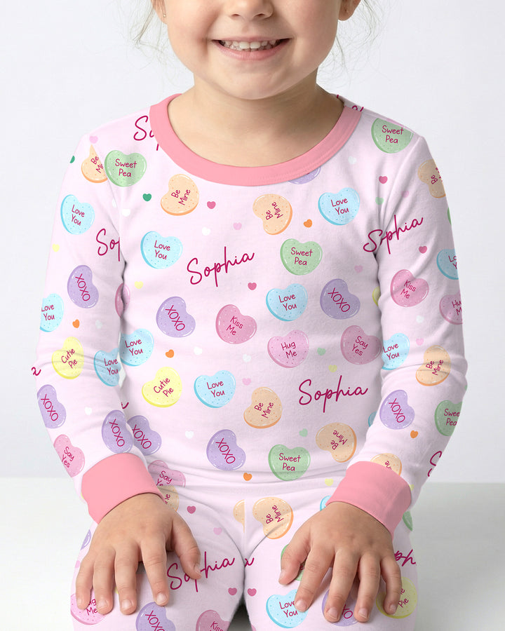 Custom Name Colorful Candy Hearts Family Matching Two Piece Long Sleeve Pajama Set