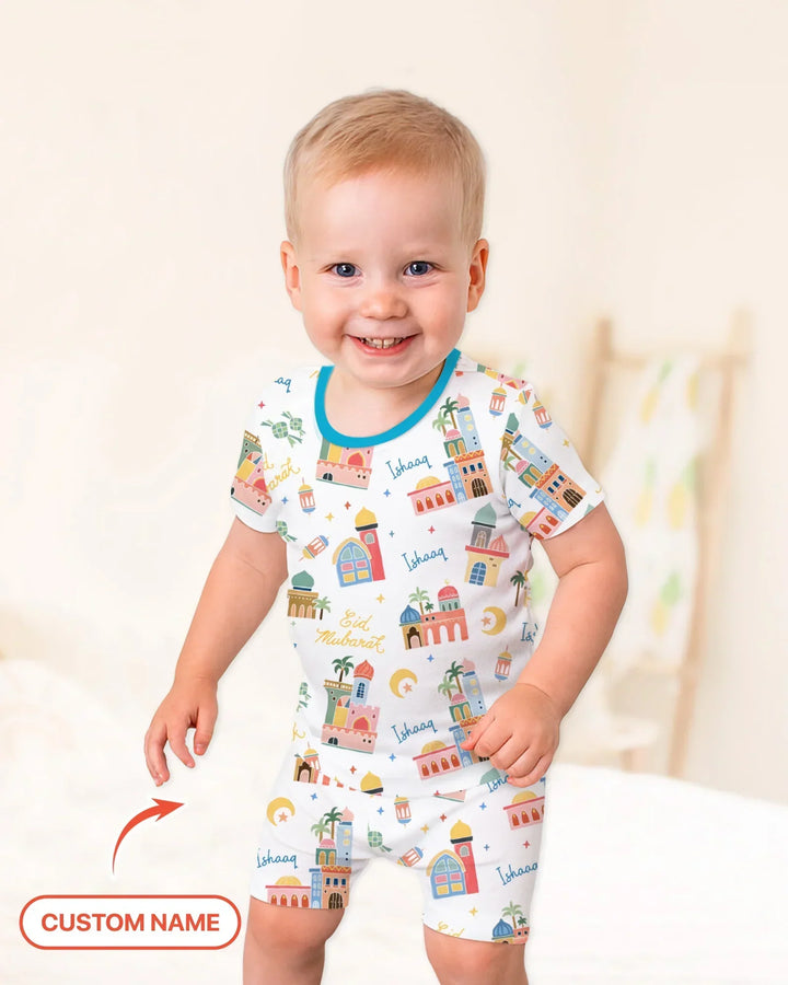 Eid Mubarak Custom Name Two Piece Short Sleeve Shorts Pajama Set