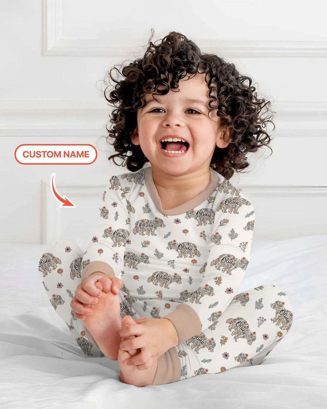 Custom Name Floral Bear Family Matching Bamboo Two Piece Long Sleeve Pajama Set