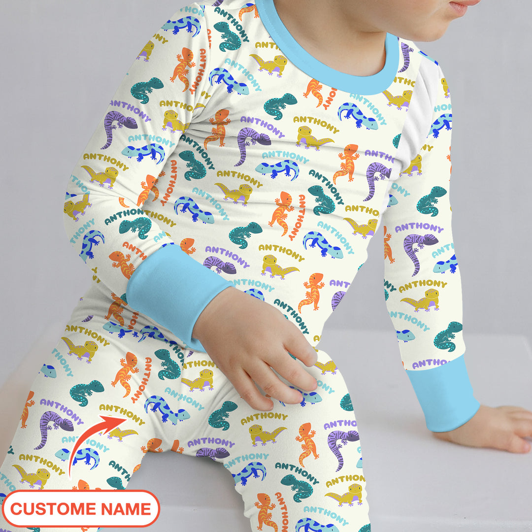 Custom Name Little Salamander Two Piece Long Sleeve Pajama Set