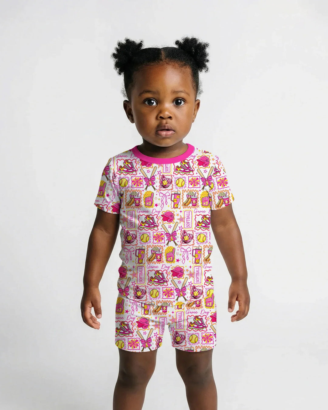 Pink Softball Game Day Bamboo Two Piece Short Sleeve Shorts Pajama Set