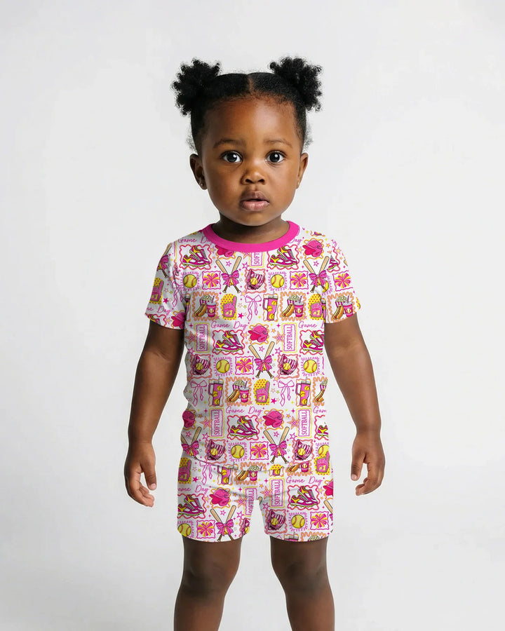 Pink Softball Game Day Bamboo Two Piece Short Sleeve Shorts Pajama Set