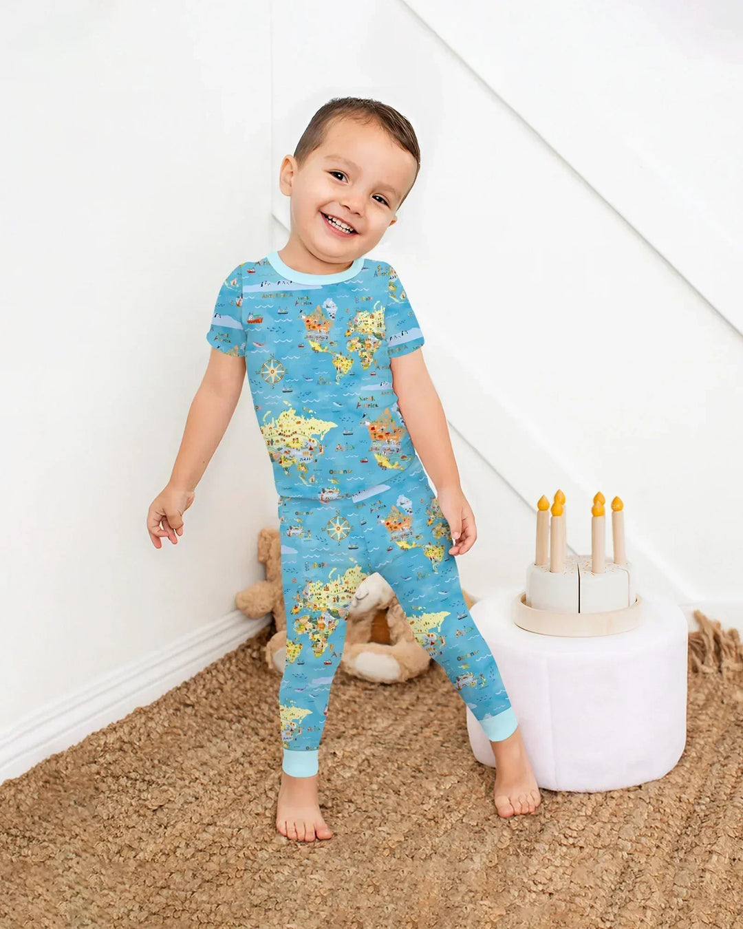 Whimsical World Map Family Matching Two Piece Short Sleeve Pajama Set