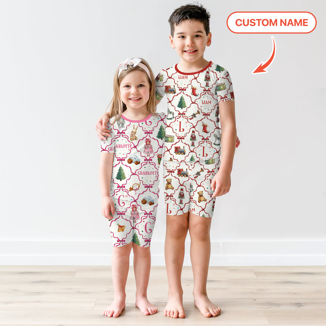 Vintage Christmas Toy Custom Name Girl Two Piece Short Sleeve Shorts Pajama Set , Vintage Christmas Toy Custom Name Girl Two Piece Short Sleeve Shorts Pajama Set - 12-18M