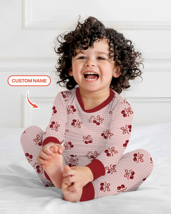 Conjunto de pijama de dos piezas de bambú de manga larga Cherry Mom and Me
