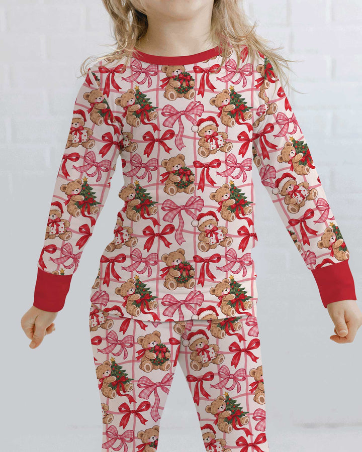 Pink Christmas Teddy Bear Plaid Mommy & Me Matching Bamboo Two Piece Long Sleeve Pajama Set