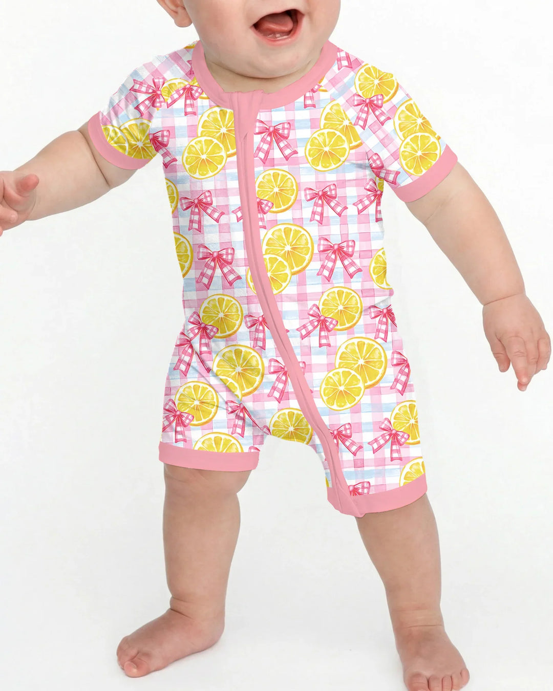 Arco a Cuadros de Limones Rosas - Pijama Corto con Cremallera de Bambú