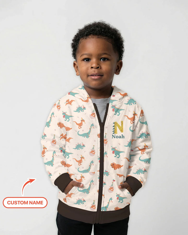 Sudadera con capucha de bambú con cremallera y nombre bordado personalizado con dinosaurios