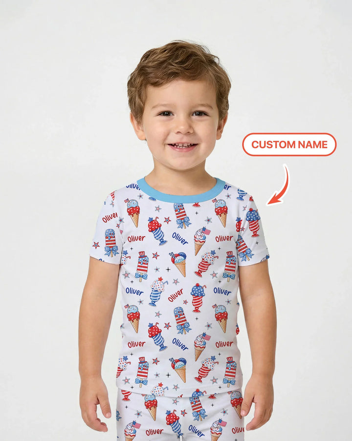 Custom Name Red, White & Ice Cream Bamboo Two Piece Short Sleeve Pajama Set