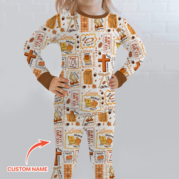 Custom Name I Am Thankful For Jesus Two Piece Long Sleeve Pajama Set , Custom Name I Am Thankful For Jesus Two Piece Long Sleeve Pajama Set - 12-18M