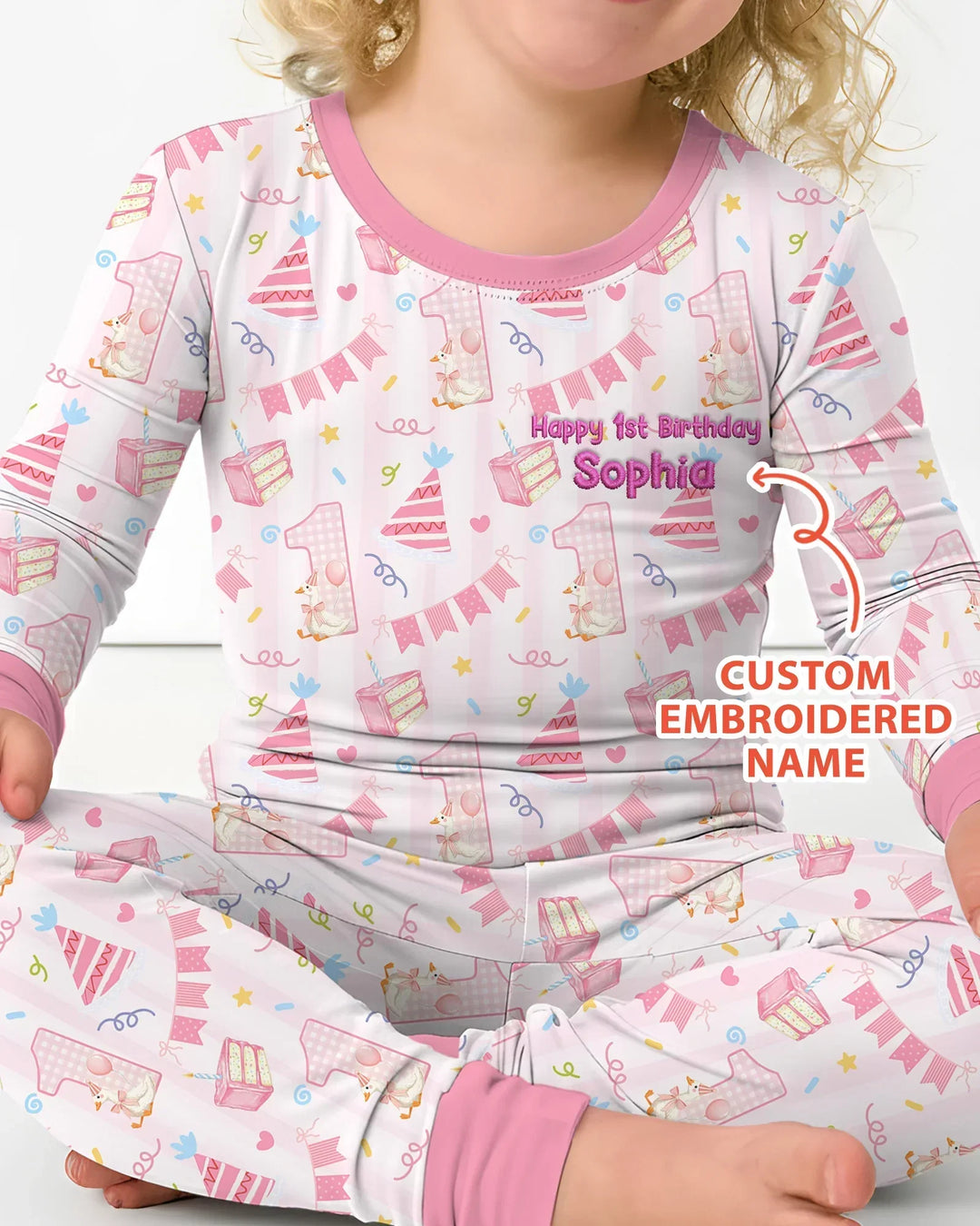1st Birthday Girl Embroidered Baby Bamboo Two Piece Long Sleeve Pajama Set