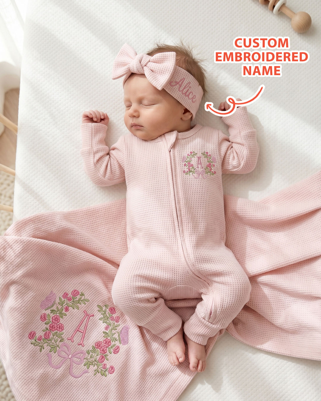 Personalized Flower Wreath Embroidered Waffle Bamboo Zipper Footie