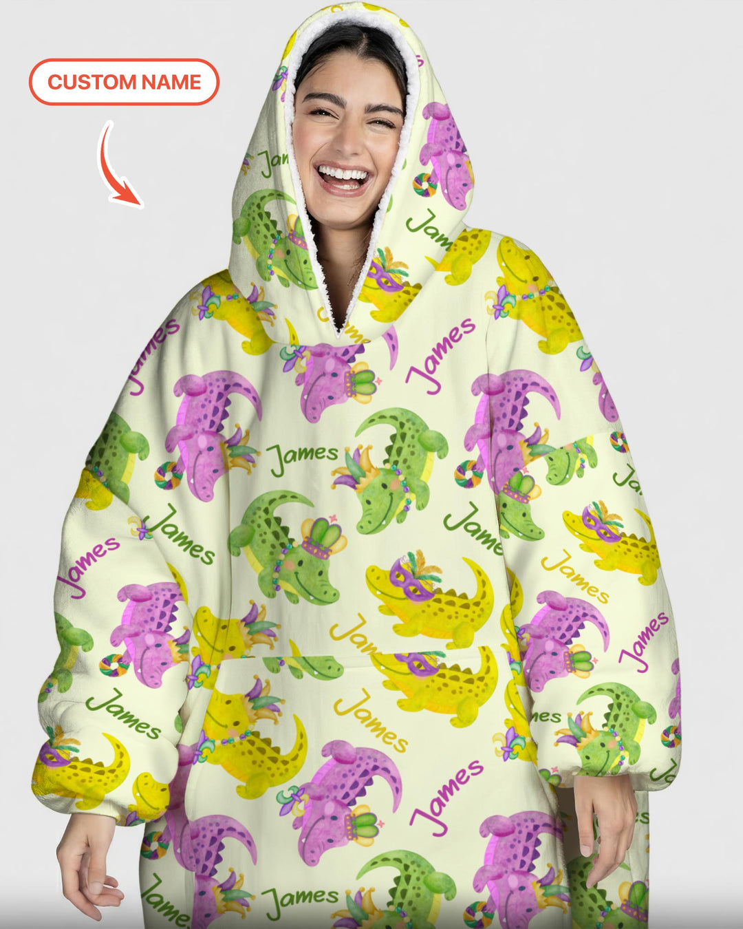 Custom Name Mardi Gras Alligator Wearable Blanket Hoodie
