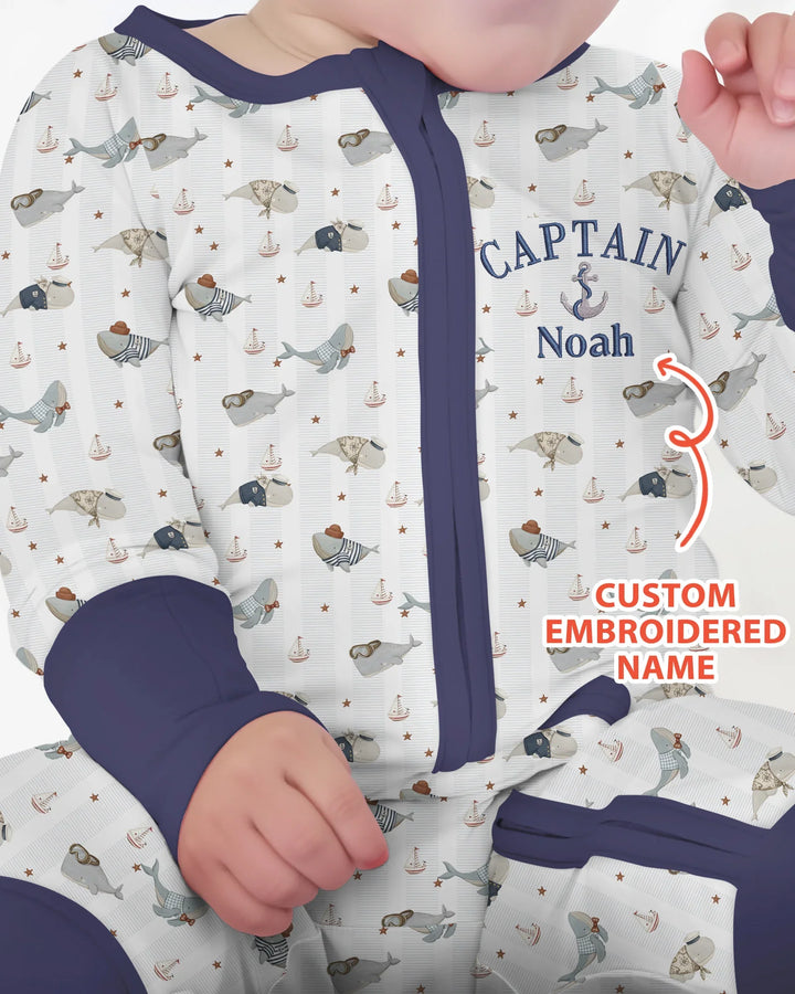 Custom Embroidered Name Little Captain of the Whale Crew Bamboo Convertible Zippy
