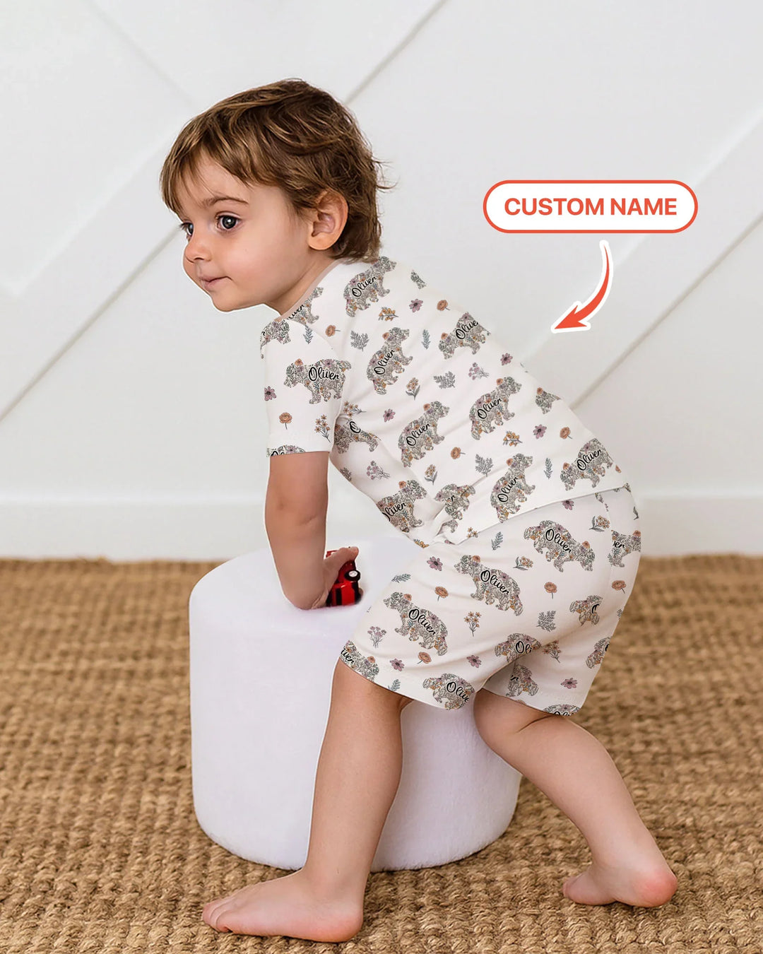 Custom Name Floral Bear Family Matching Bamboo Two Piece Short Sleeve Shorts Pajama Set