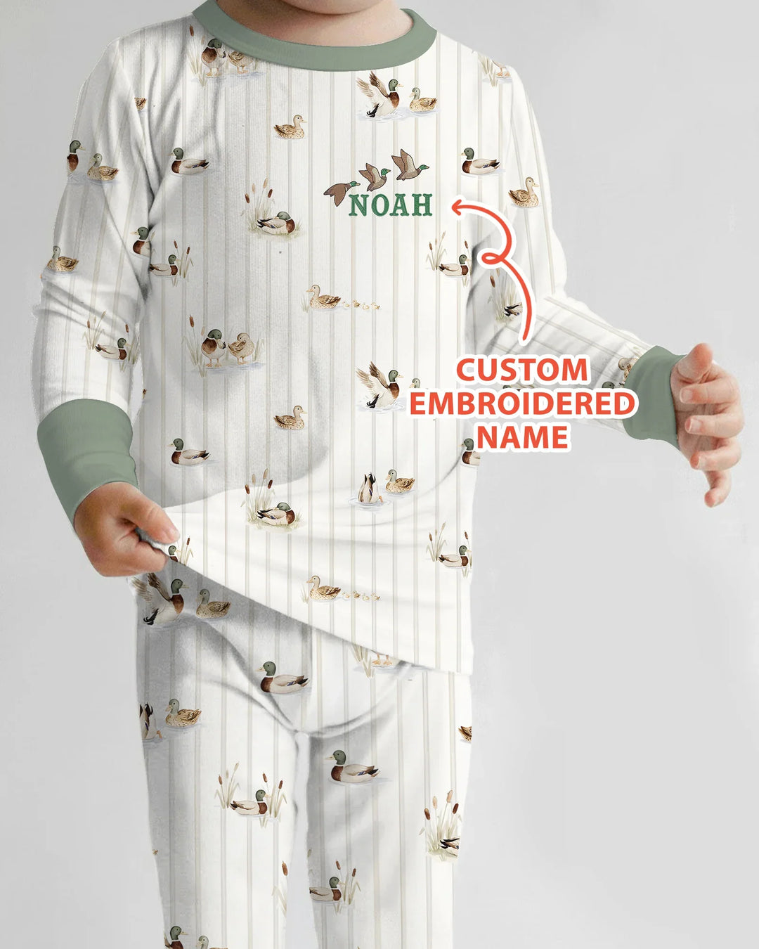 Custom Embroidered Name Mallard Duck  Bamboo Two Piece Long Sleeve Pajama Set