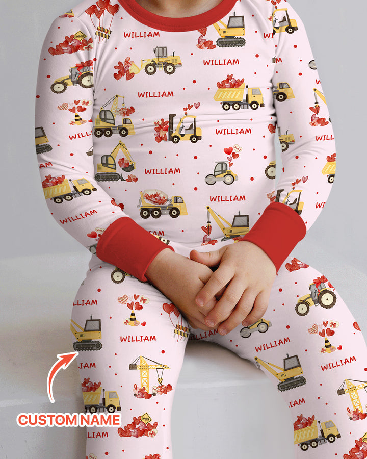 Custom Name Valentine Trucks Family Matching Two Piece Long Sleeve Pajama Set