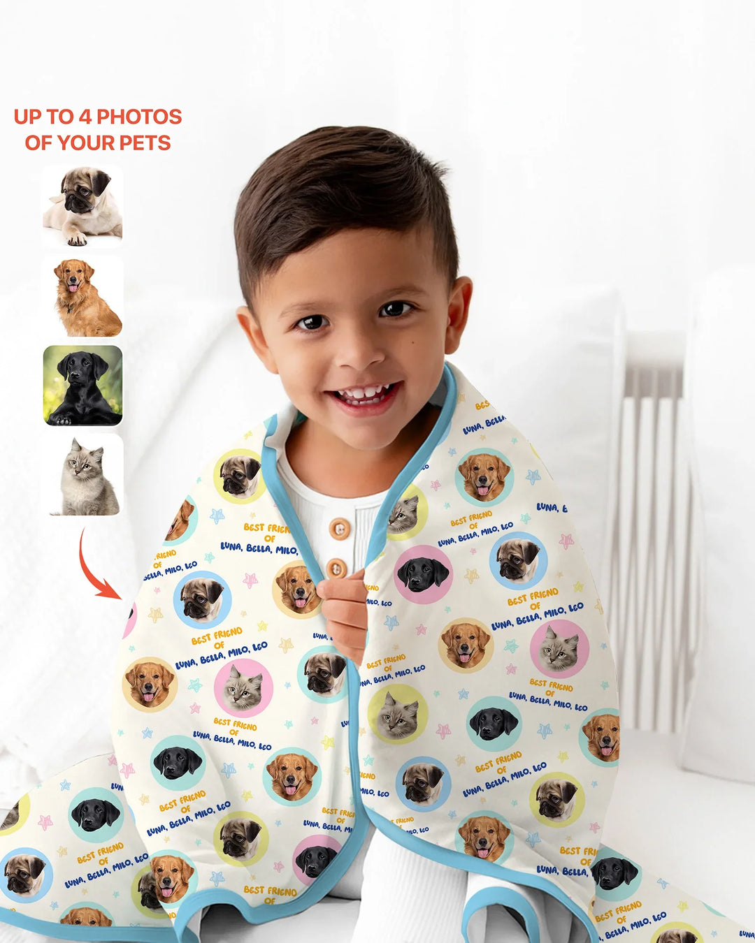 Manta de bambú personalizada con nombre y fotos de mascota para mejor amigo/a