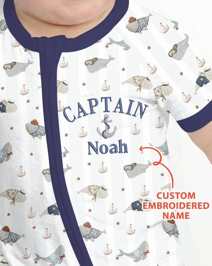 Custom Embroidered Name Little Captain of the Whale Crew Bamboo Shorty Zippy