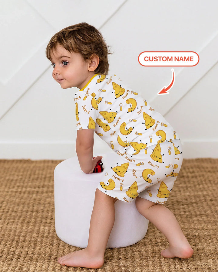 Conjunto de pijama de dos piezas de bambú de manga corta con pantalones cortos y nombre personalizado "Mac & Cheese Club"